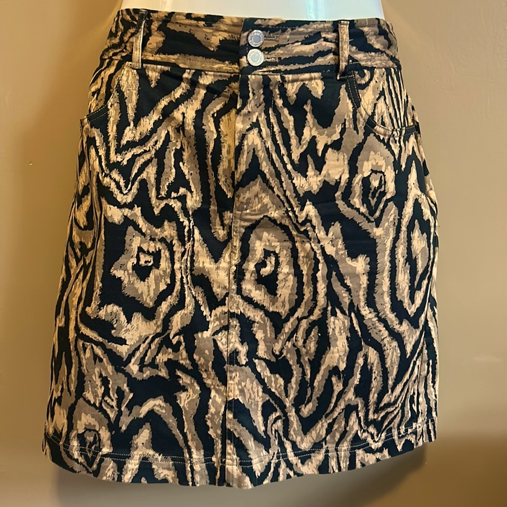 Chaps Black and Brown Animal Print Stretch Denim Skirt Size 12